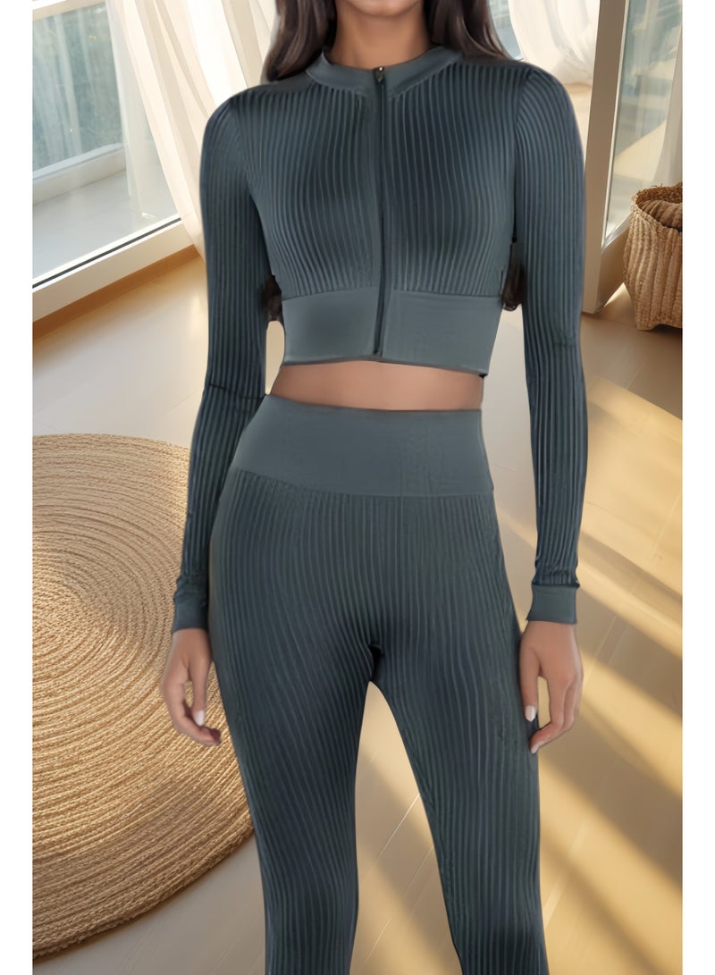 Women's Full Length Zipper Yoga Set - Long Sleeves and Pants, Stretchy and Slim Fit Activewear Perfect for Yoga, Gym and Outdoor Workouts - Image 1